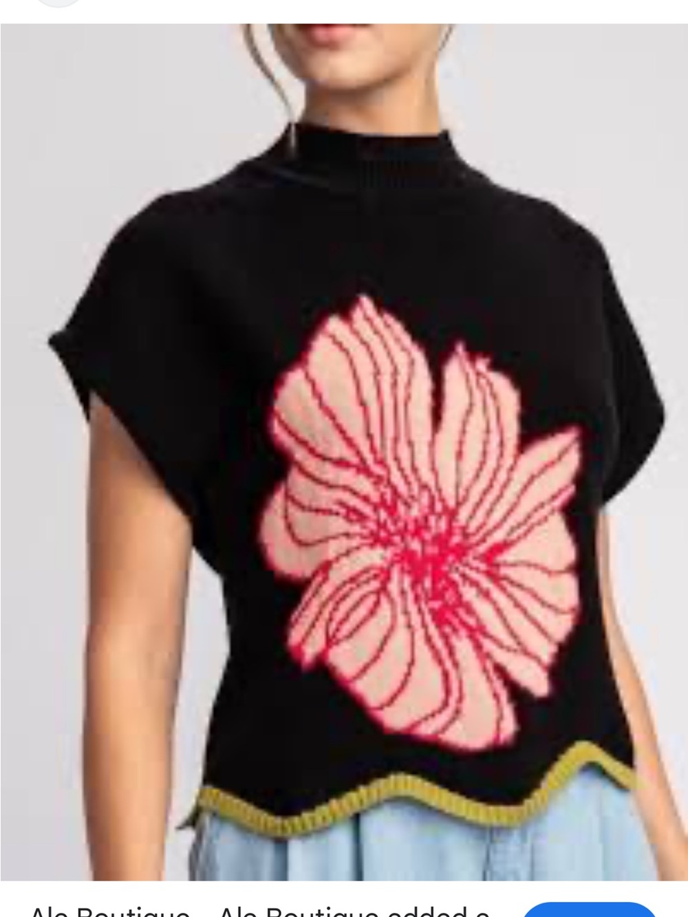 Navy Floral Knit Short-Sleeve Sweater with Pink Flower